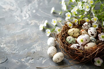 Obraz premium Beautiful Easter Nest with Colorful Eggs and Delicate Flowers