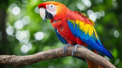 Obraz premium The scarlet macaw (Ara macao) is a stunning and vibrant parrot species native to the tropical forests of Central and South America. Renowned for its striking plumage of red, blue, and yellow.