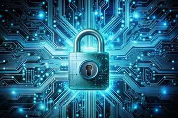 Obraz premium Futuristic Cyber Security Concept with Glowing Padlock in Teal and Indigo Abstract Design