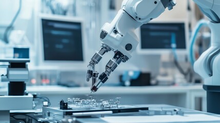 A robot assembling precision medical devices in a modern biomedical engineering lab, clean and sterile environment, Medical-tech style