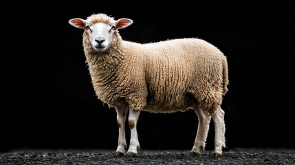 Fototapeta premium A white sheep stands against a black background, looking directly at the camera.