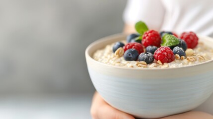 A bowl of creamy oatmeal topped with fresh berries and mint. Perfect for a healthy breakfast or snack.