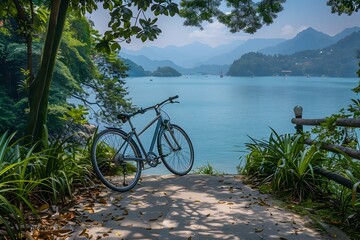 Fototapeta premium Serene Lakeside Escape with a Bicycle Amidst Lush Nature