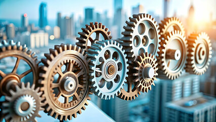 Abstract Gears Representing AI Algorithms City Skyline Background Concept - Interlocking Gears Symbolizing AI Technology Urban Life Blend Copy Space for Text Photo Stock Concept