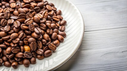 Fototapeta premium coffee beans on white plate on table close-up view
