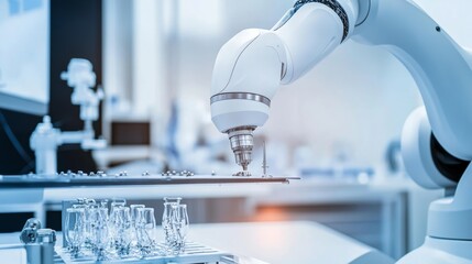 A robot assembling precision medical devices in a modern biomedical engineering lab, clean and sterile environment, Medical-tech style