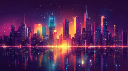 Obraz premium Vibrant Night Skyline, an animated depiction of colorful skyscrapers shimmering under a starlit sky, capturing urban energy and creativity