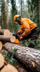 A worker in an orange uniform uses a chainsaw to cut down trees on forest land filled with fallen trunks.