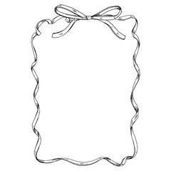 This black and white vector illustration features a thin ribbon and bow border, creating a blank, elegant frame. Perfect for wedding invitations, present labels, offering ample space for text
