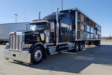 Sleek Black Truck with Livestock Trailer Parked in Bright Daylight