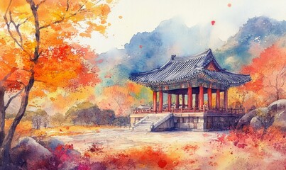 Naklejka premium Watercolor Baekyangsa Temple in autumn,Naejangsan Park in korea