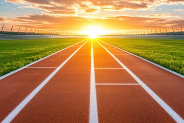 A deserted race track with a bright, glowing horizon, signifying the start of a race or the path to fitness, health, and personal challenges ahead