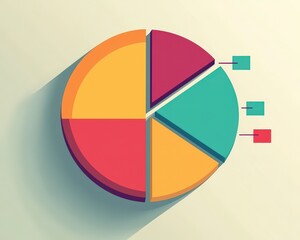 Fototapeta premium Vibrant pie chart with shadows, perfect for data visualization in reports, presentations, and marketing materials, showcasing sections for detailed analysis.