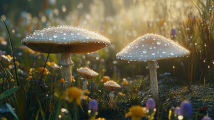 Dew-kissed mushroom caps in nature's glow