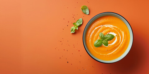 Top view of bowl of carrots cream soup on orange background. Seasonal pumpkin food.
