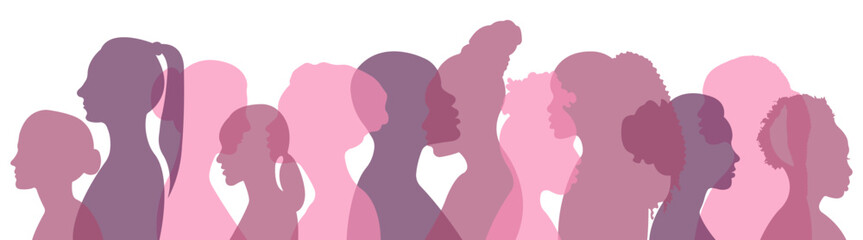 Silhouettes of women of different nationalities standing side by side.Vector illustration.