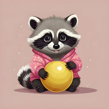 An adorable kawaii illustration of a baby raccoon featuring large, soulful eyes, a small mouth, and a soft, fluffy body. The raccoon is wearing a pink sweater and is perched on a yellow ball, with a s