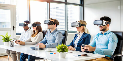 Employees Enjoying Virtual Reality Break Room Concept Candid Image of Office Workers Using VR Headsets to Relax Recharge Innovative Employee Wellness Engagement Photo Stock Concept with Copy Space