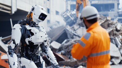 A robot assisting in a high-tech disaster response scenario with advanced rescue tools and a simulated emergency environment, Emergency response style, photo of