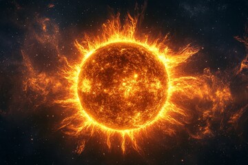 A large, bright orange sun is surrounded by a dark sky