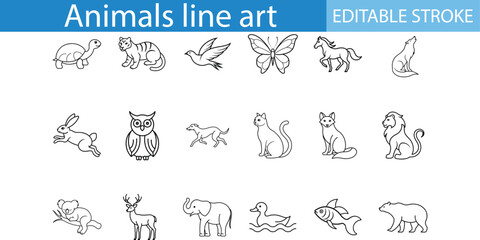 Line Art Animal Icons Set Editable Stroke