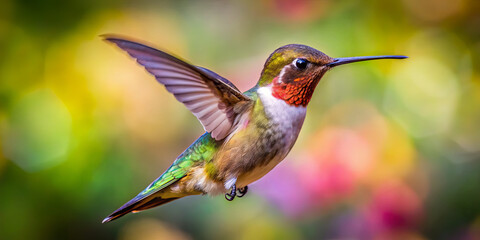 Obraz premium A hummingbird with iridescent feathers flits serenely in mid-air, surrounded by a lush garden filled with colorful blooms under bright sunlight