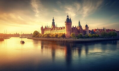 Fototapeta premium Frederiksborg Castle, in the town of Hillered on Lake Slotsse. Panorama. Denmark. XVI century. Copenhagen, Denmark, Europe