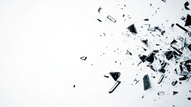 Broken glass fragments flying outward, creating a dynamic, explosive visual effect, suitable for illustrating destruction, impact, or tension