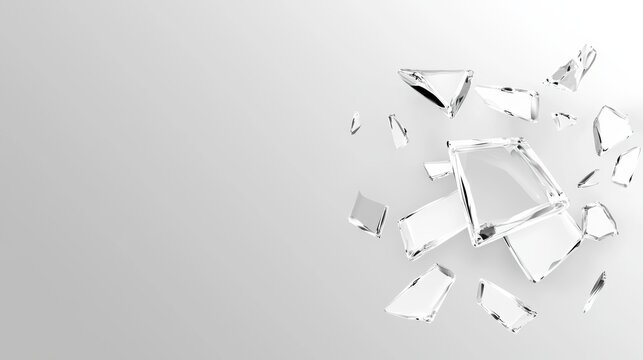 Broken glass fragments flying outward, creating a dynamic, explosive visual effect, suitable for illustrating destruction, impact, or tension