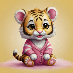 A kawaii-style drawing of a baby tiger with big, expressive eyes, a tiny mouth, and a fluffy body. The baby tiger is dressed in a pink sweater and is sitting on a yellow ball, set against a clear whit