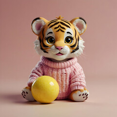 A kawaii-style drawing of a baby tiger with big, expressive eyes, a tiny mouth, and a fluffy body. The baby tiger is dressed in a pink sweater and is sitting on a yellow ball, set against a clear whit