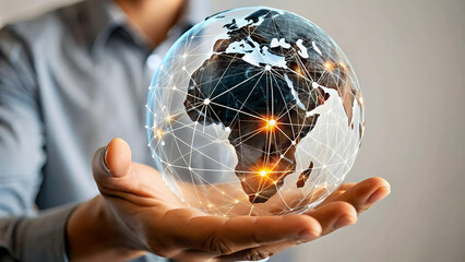 Glossy Hand Touching Holographic Globe Image, Interconnected Lines Symbolizing Global Data Network, Ample Copy Space, Conceptual Photo Stock for Human Interaction and Technology Representation