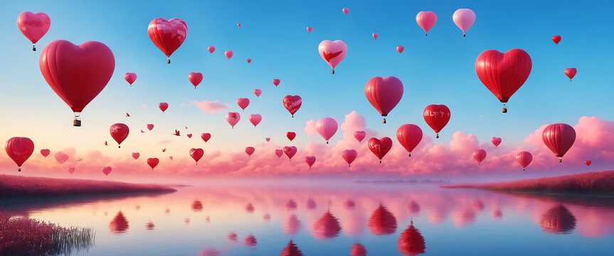 A beautiful sky with many red balloons and a large heart in the middle