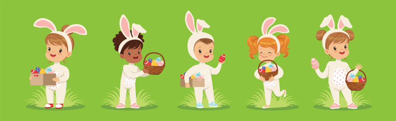 Easter with Kids in Bunny Costume on Green Lawn with Eggs Vector Set