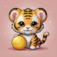 A kawaii-style drawing of a baby tiger with big, expressive eyes, a tiny mouth, and a fluffy body. The baby tiger is dressed in a pink sweater and is sitting on a yellow ball, set against a clear whit