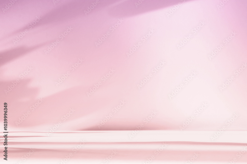 Poster Abstract pink color gradient studio background for product presentation. Empty room with shadows of flowers and plant leaves. 3d orange room with copy space. Summer concept. Blurred backdrop