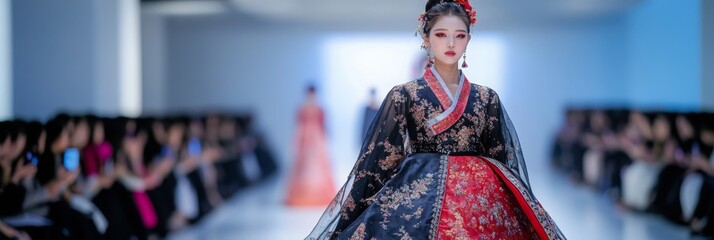 Cultural Fusion Fashion Showcase, a vibrant runway blending traditional Korean hanbok with elegant Middle Eastern abaya designs, celebrating global heritage.