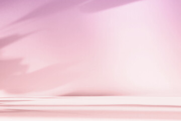 Abstract pink color gradient studio background for product presentation. Empty room with shadows of flowers and plant leaves. 3d orange room with copy space. Summer concept. Blurred backdrop