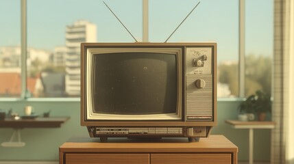 Close-up of old rabbit-ear antennas on a retro TV, slightly bent, metal texture visible, very...