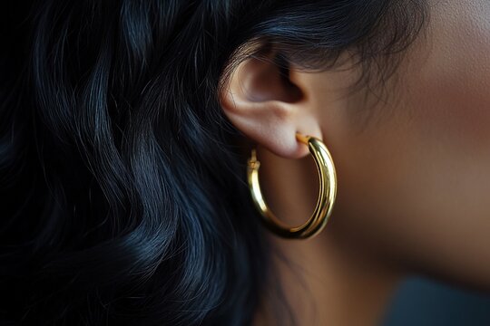 Primer plano de aro dorado en oreja femenina con cabello oscuro y ondas suaves