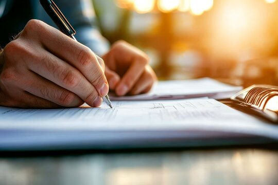 A close-up of a person's hands writing notes in a notebook, illuminated by warm sunlight, capturing a moment of focus and creativity.