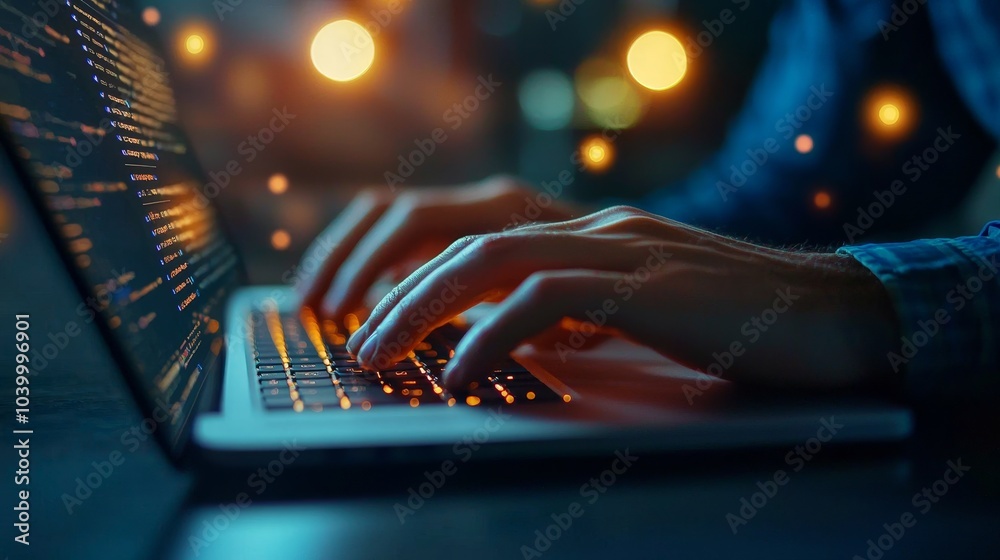 Poster a close-up of hands typing on a laptop, illuminated by soft lights, showcasing a creative coding or 