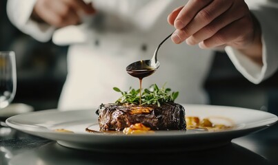 Five star chef dressing an elegant dish at Michelin star restaurant, シェフ steak