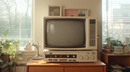 Detailed shot of the TV is front panel, old buttons for channel selection, dust and scratches on the surface, very realistic