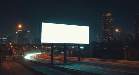 An empty billboard illuminated at night against the backdrop of an urban landscape and a highway.