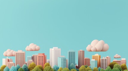 A colorful city skyline with stylized buildings and fluffy clouds against a bright blue background.