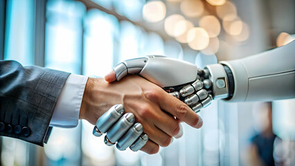 Human Hand Shaking Robotic Hand Bokeh Background Digital Art Image Symbolizing Human-Machine Partnership Modern Collaboration with Ample Copy Space for Photo Stock Concept