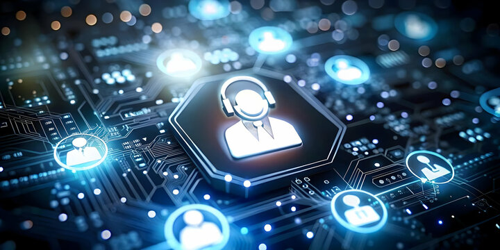 Soft Abstract Help Desk Icon Merging AI Symbols Over Business Background | AI Integration in Customer Support | Bokeh Effect Photo Stock Concept | Flexible Copy Space for Modern Business Themes