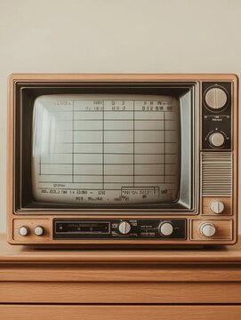 Close-up of a vintage TV screen showing static, detailed knobs and dials, aged wood frame, very realistic