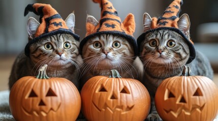 Cute Halloween kittens with pumpkins in festive autumn setting